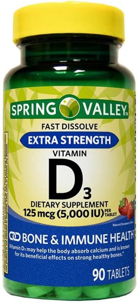 Extra Strength Vitamin D3 Fast Dissolve Tablets Dietary Supplement, 125 Mcg (5,000 IU), Strawberry Flavor, 90