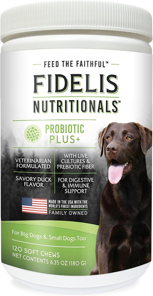 FIDELIS Probiotyczne Plus + Ptaki dla psów, Żywność Gut Zdrowie, Yeast, Swędząca skóra / uszy, Łapa Licking, Safe Dog Treat Supplement for Pets, Dorosłe, Duże i małe, Made in USA, Duck Flavor, 120 Chews