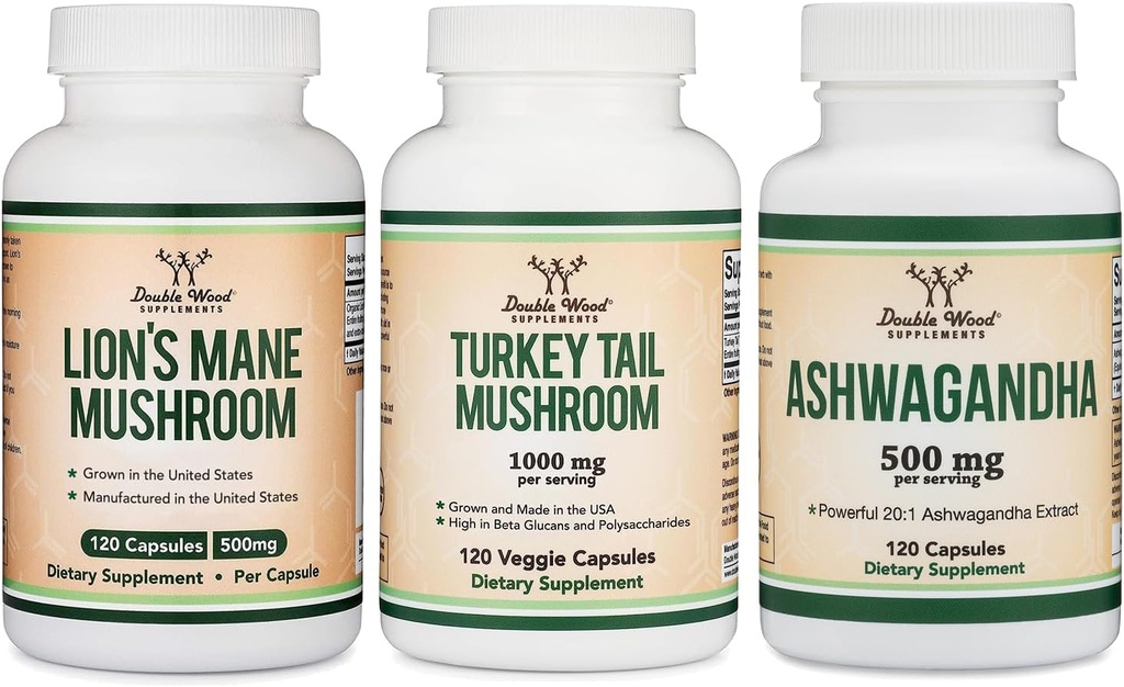 Double Wood Supplements Lion Mane Mushroom 120 Count, Turkey Tail 120 Count, Ashwagandha 120 Count