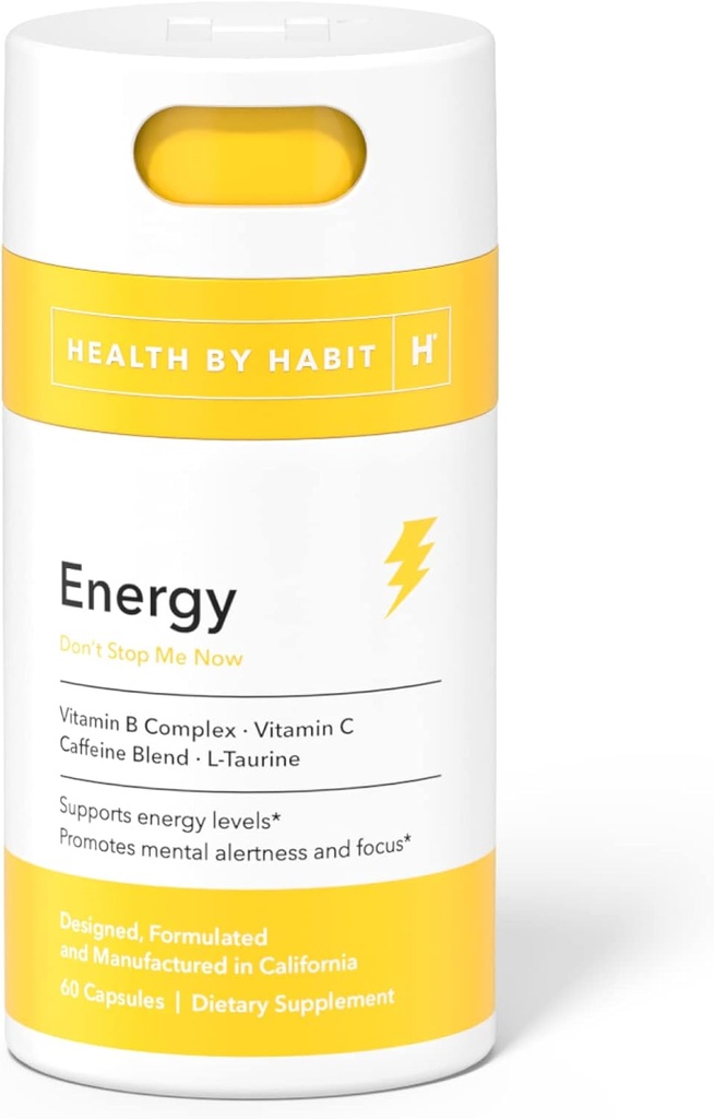Zdraví podle Habit Energy Dodatek (60 Kapsle) - Natual Caffeine Blend, Vitamíny B & C, Podporuje energetické úrovně, podporuje duševní bdělost a zaměření, Vegan, Non- GMO, cukr zdarma (1 balení)