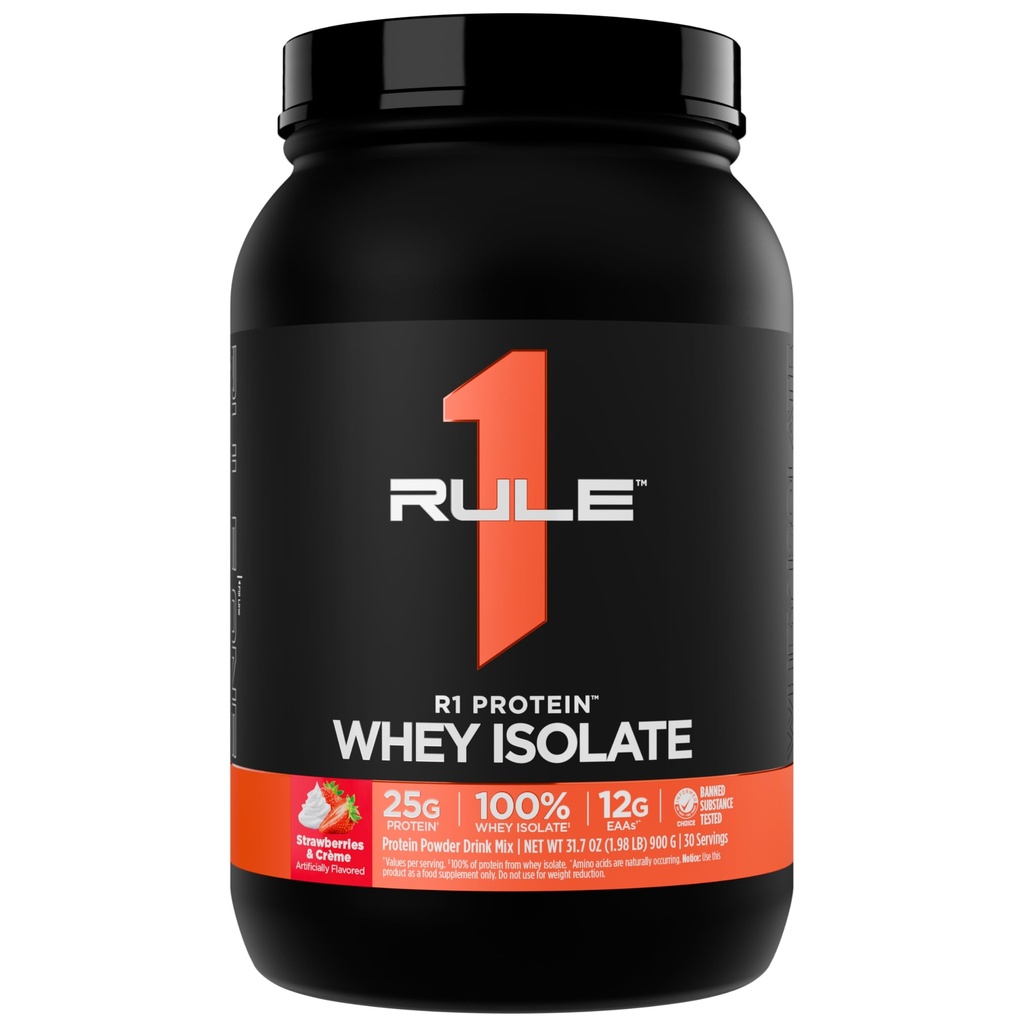 Rule 1 Proteins R1 Protein Whey Isolate - with 25g Protein & 6g BCAA Exclusively from Isolated & Hydrolyzed Sources for Workout Recovery (2 Pounds, Strawberries & Crème)