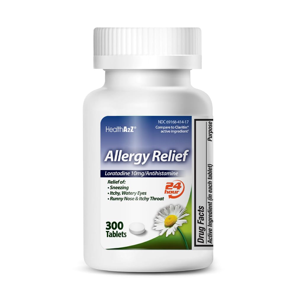HealthA2Z® Allergy Relief, Loratadine 10mg, 24-Hour Antihistamine, Dye Free, Indoor & Outdoor Allergy Relief, 300 Tablets