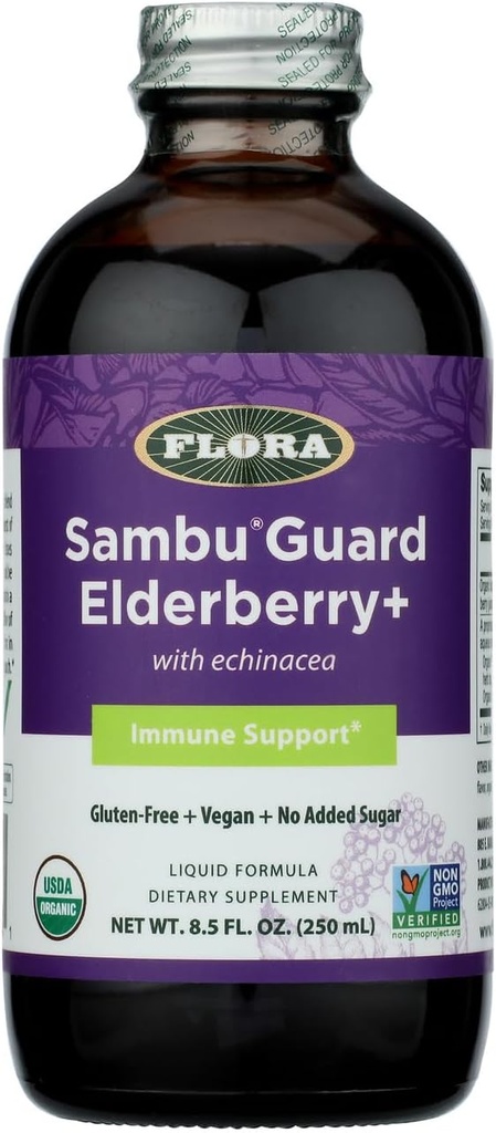 פלורה Black Elderberry Syrup + 8.5oz - Immune Booster עם Echinacea, עבור ילדים ומבוגרים, לא תוספת סוכר, Gluten חינם, טבעוני, סמבוגרד