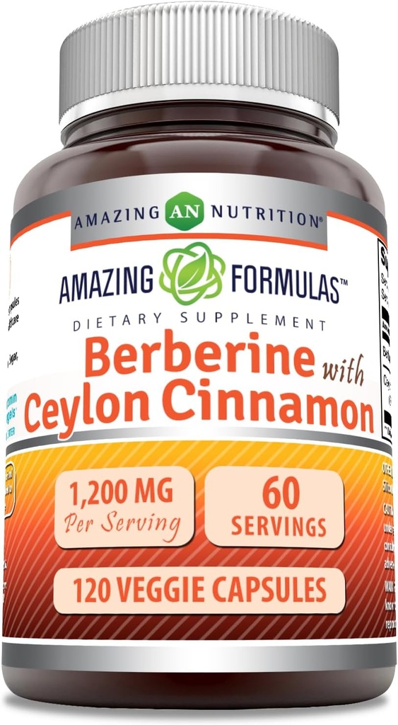Amazing Formulas Berberine with Pure Ceylon Cinnamon 1200 Mg Por Serving ← Premium Complex Supplement TEN Veggie Capsules ← Non-GMO TEN Gluten Free ← Made in USA (1 Pack Ø 120 Count)