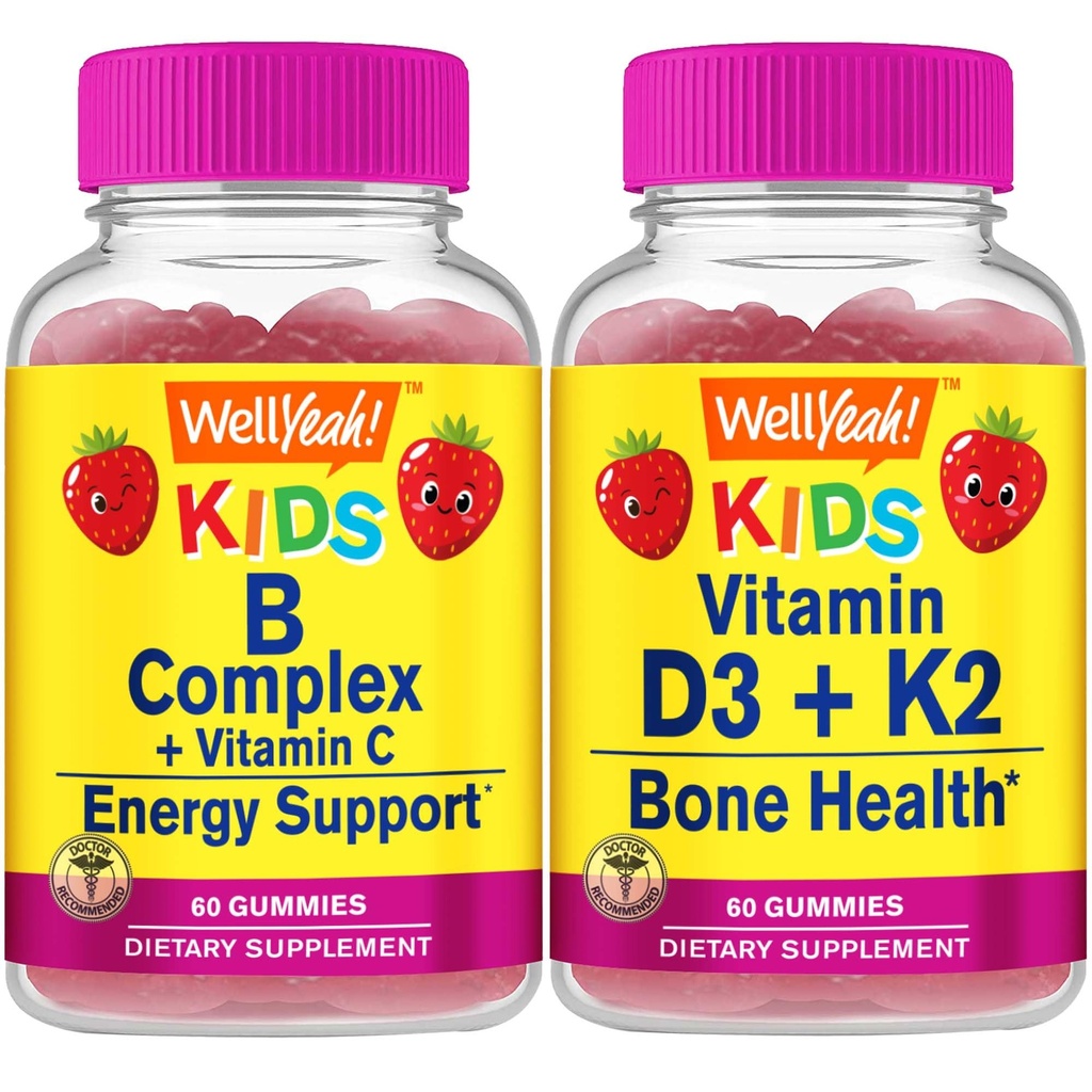 WellYeah B Complex Kids + Vitamin D3+K2 Kids, Gummies Bundle - Great Tasting, Vitamin Supplement, Gluten Free, GMO Free, Chewable Gummy