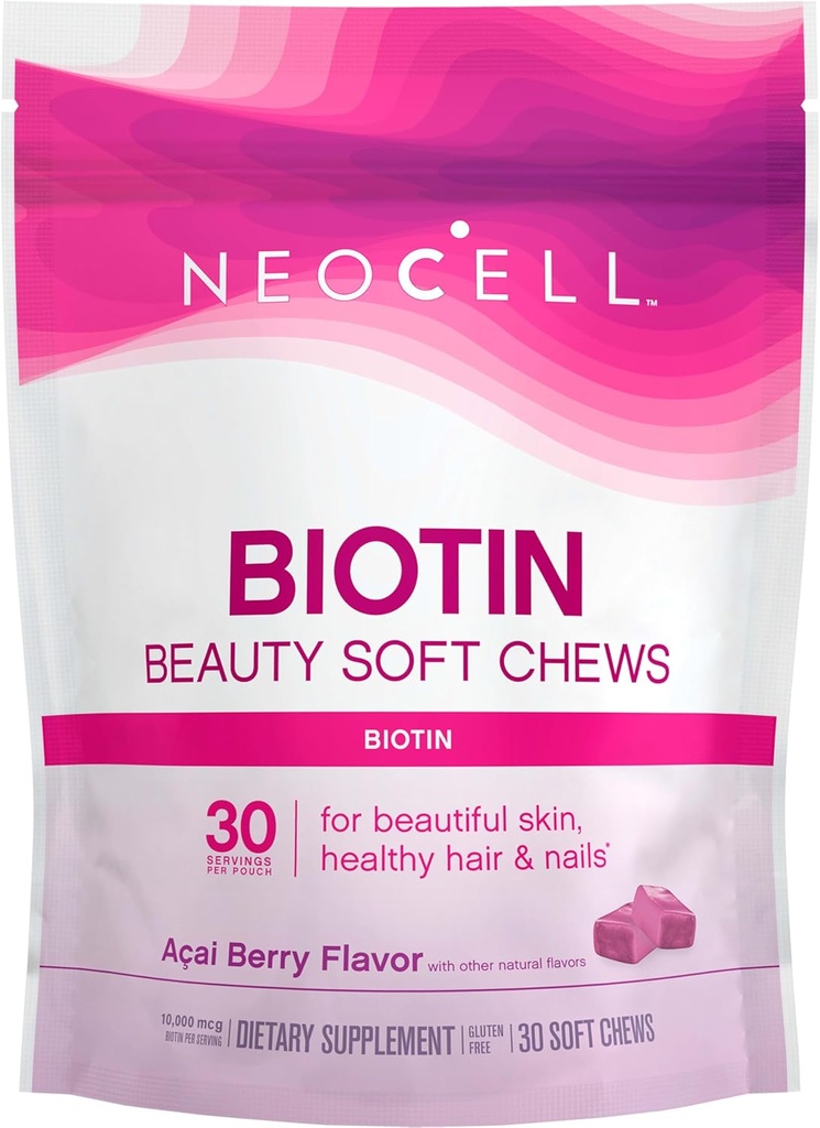 NeoCell Biotin Beauty Soft Chews, Per la pelle sana, Capelli, Unghie, Integratore di supporto energetico, Acai Berry Flavor, Soft Chews, 30 Count, 1 Bag