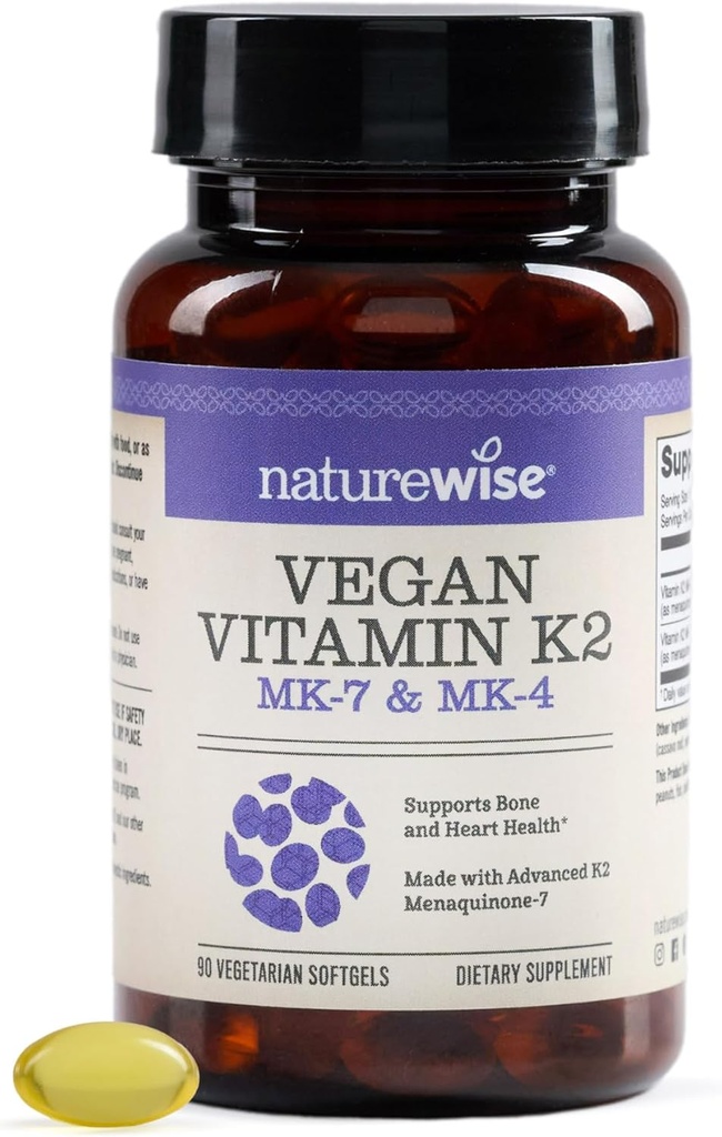 NatureWise-vitamiini K2 600mcg täydentää MK-7 100mcg & MK-4 500mcg - Enhanced Biosavable Formula - K Complex Bone and Heart Health - Vegaani, Gluteeniton, ei-GMO -90 Softgels [30]