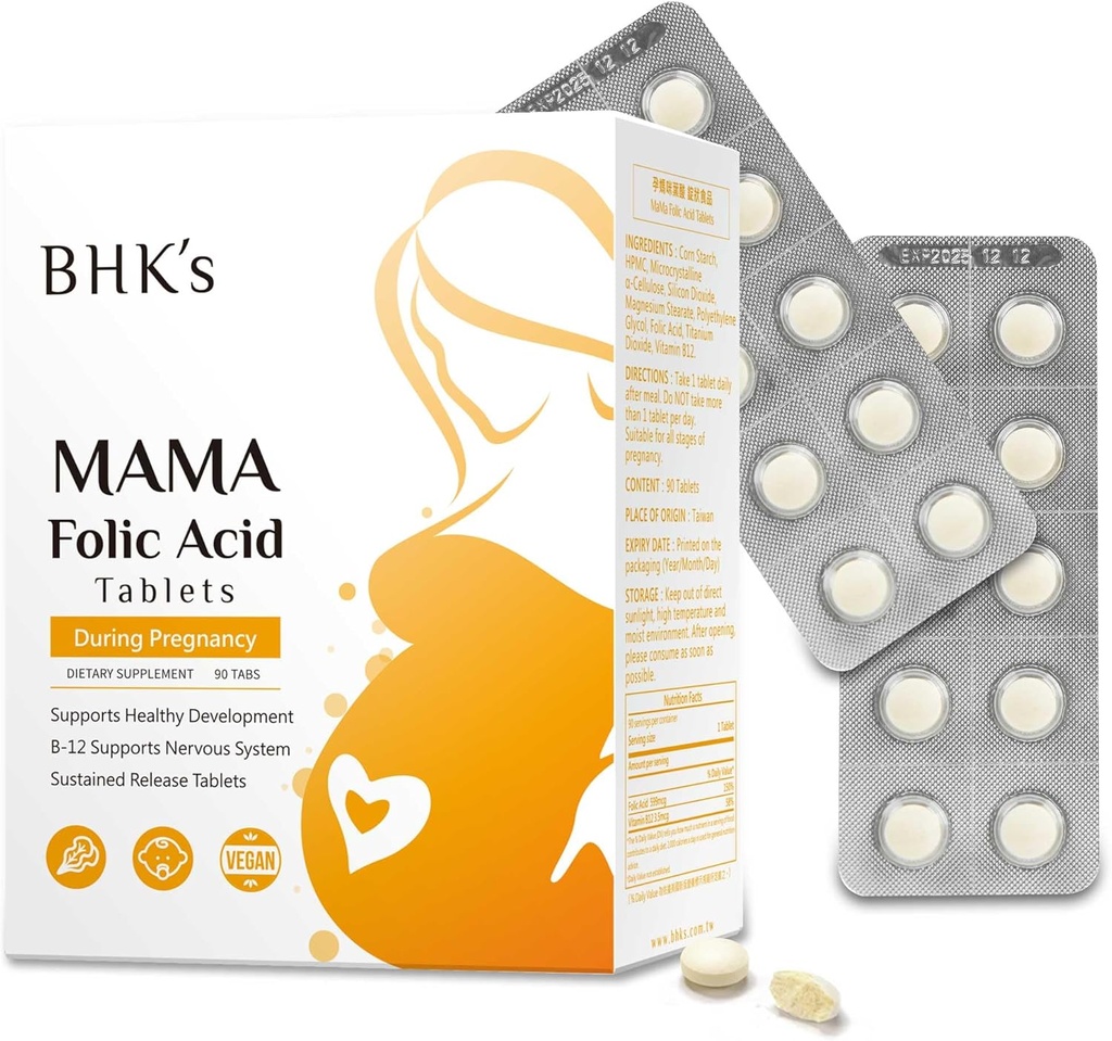 Acide folique de BHK, avant pendant après la grossesse, soutenir le développement du système nerveux bébé, vitamines essentielles pour maman et bébé, 90 comprimés