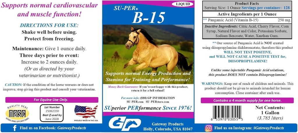 SU- PER B- 15 Vitamin supplement til heste - Equine Vitamin B- 15 Væske til Performance Support - Understøtter Normal Kardiovaskulær Immun & Muskelfunktion - 1 Gallon + Pump, 4 Måned Supply