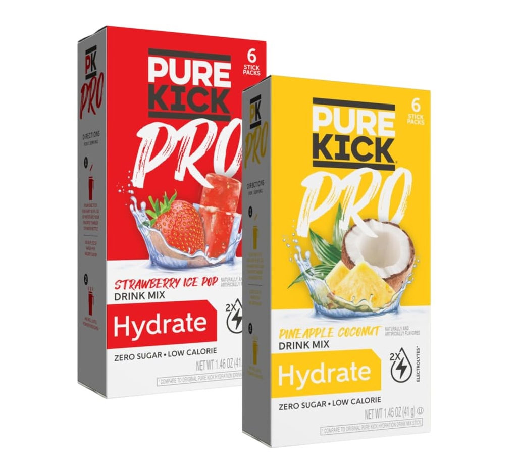 PURE KICK PRO Hydration Electrolyte İçki Mix, Pineapple Coconut & Strawberry Ice Pop, 12 Packets
