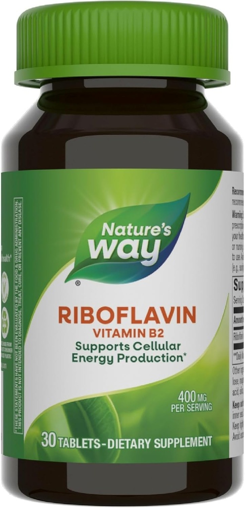 Naturens sätt Riboflavin Vitamin B2, stöder cellulär energiproduktion *, Vegan, 30 tabletter (Packaging May Vary)