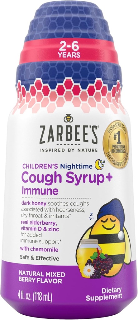 Syrup de nuit pour les enfants de Zarbee au miel + Immune pour les enfants 2+, Syrup de toux au miel noir apaisant, baie d'ail, Vitamine D & Zinc, et camomille, sans drogue, baie mixte, 4 fl. oz