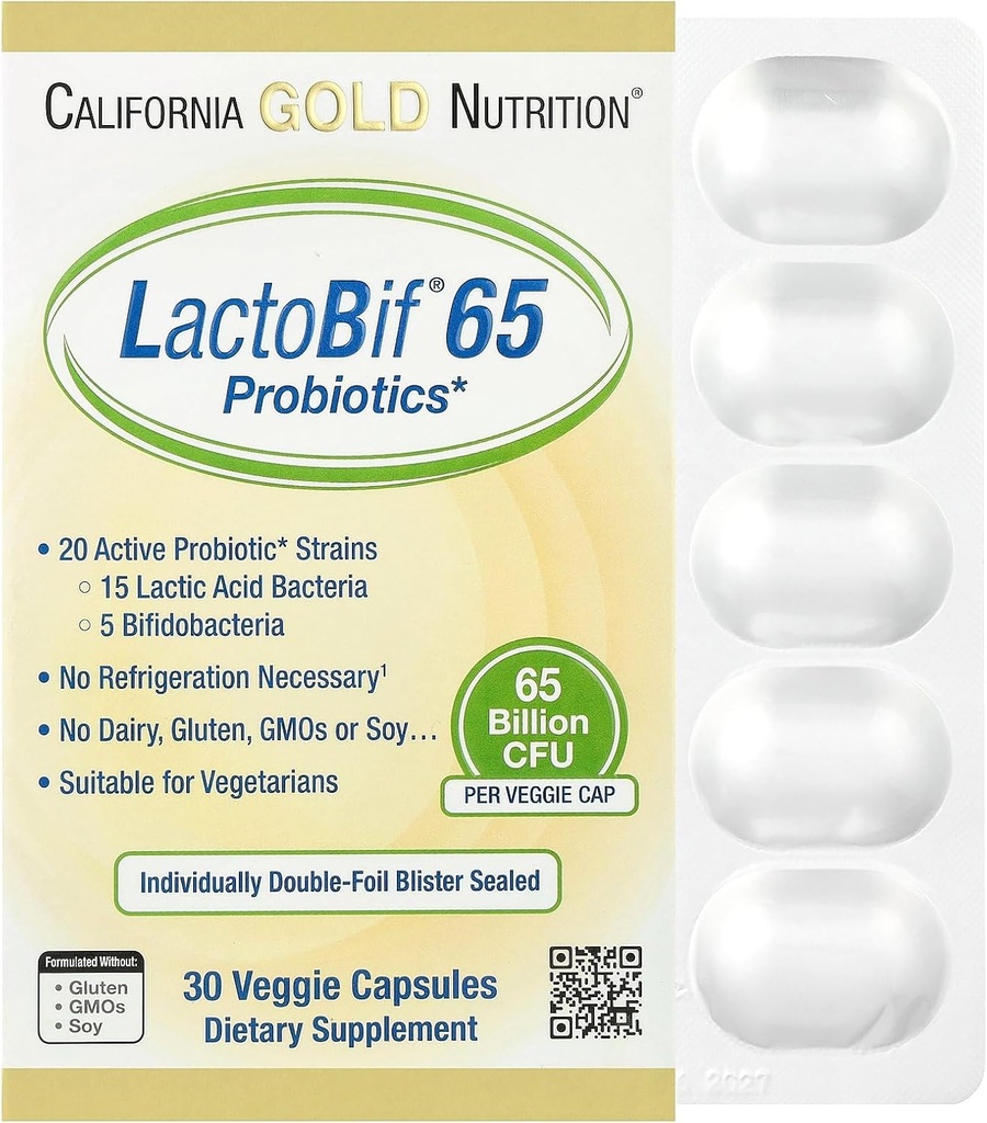 LactoBif Probiotics, 65 Bellion CFU, 20 Ol·làntiques i Investigació probiòtica, Souy-Free, Sugar-Free, Vegetarian, individualment doble-foligrate, 30 Vaeg Capgieules