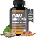 NooMost Autentisk Koreansk Rød Panax Ginseng + Ginkgo Biloba, 120 Vegankapsler, Ginseng Root Extract Powder 1000mg (10% Ginsenosides) + Gingko Biloba 60mg, Energi og Focus Pills til mænd og kvinder
