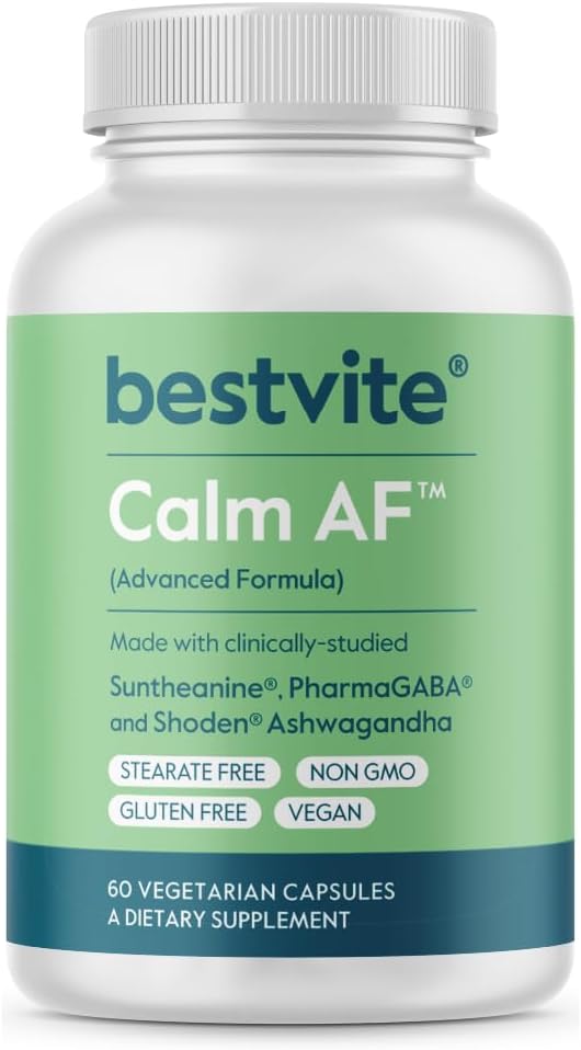 Calm AF (Fórmula Avanzada) (60 Veggie Caps) - Clinically Studied Shoden Ashwagandha, Suntheanine L Theanine, PharmaGABA - Sen Stearates - Vegan - Non GMO - Gluten Free - Ashwagandha & GABA Suplementos