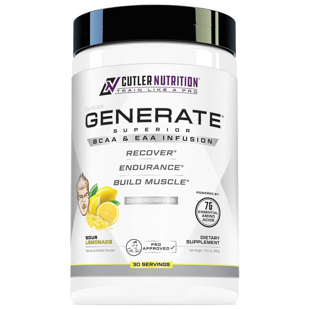Cutler Nutrition Generate EAA and BCAA Powder: Best Branched Chain Amino Acids Supplement with Essential Amino Acids, 5g BCAAs, 2g EAAs for Lean Muscle Mass | Sour Lemonade, 30 Servings