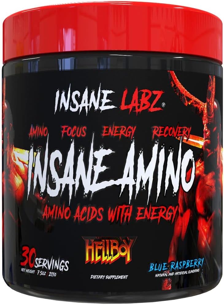 Insane Labz Insane Amino Hellboy Edition, BCAA con Energy Focus Muscle Recovery, Intra Workout Powder, 2 1 cadea ramificada Amino Acid Powder, 30 Srvgs, Blue Raspberry