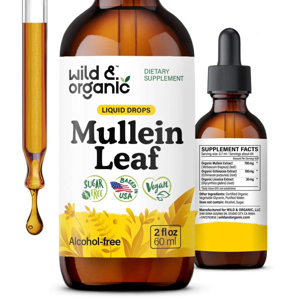 Wild & Organic Mullein Drops for Lungs - Detox and Cleanse - Mullein Leaf Extract for Lungs with Echinacea - Add to Tea - Verbascum Thapsus Tincture - Sugar & Alcohol-Free Liquid Supplement - 2 fl oz