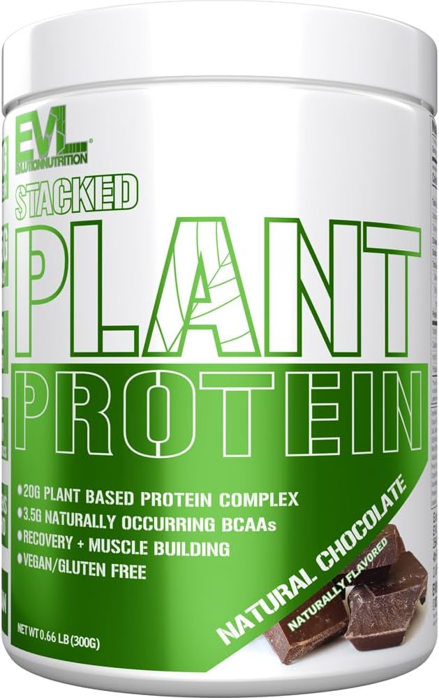 Evlution Nutrition Stacked Plant Proteine Powder, Vegan, Non-GMO, Gluten-Free, Probiotice, BCAAs, Fiber, Complex de Proteina de bază de plante, 300G (Ciocolata naturala)