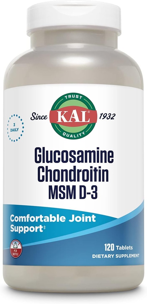 KAL Glucosamina Chondroitin MSM D-3, Implementació de l'Unitària, 1.500 mg de Glucosamina Sulfate, 1.200 mg de Chondroitin Sulitin, 1000 mg de MSM, Plus vitamina D3 & Vimina, 40 Servings, 120 taules