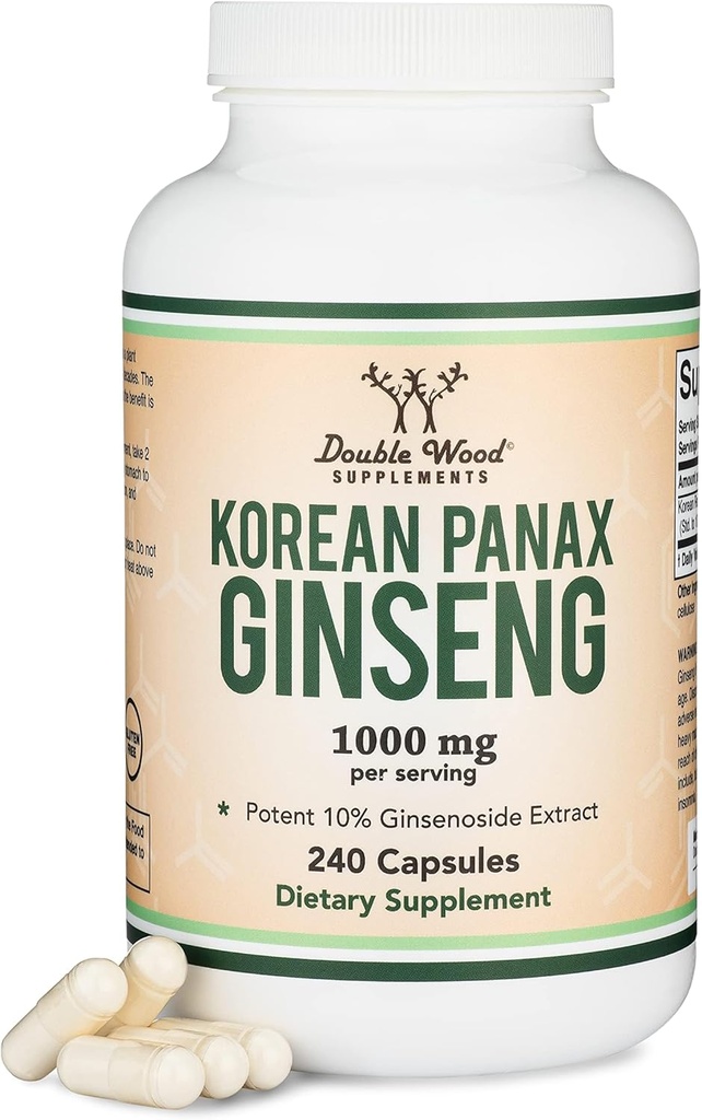 Ginseng Capsules (Korean Red Ginseng Extract, Panax Ginseng 10% Ginsenosides) (4 Bulan Supply) 240 Vegan Capsules - 1.000mg per Serving for Mood, Kognitive Fungsi dan Dukungan Energi oleh Double Wood