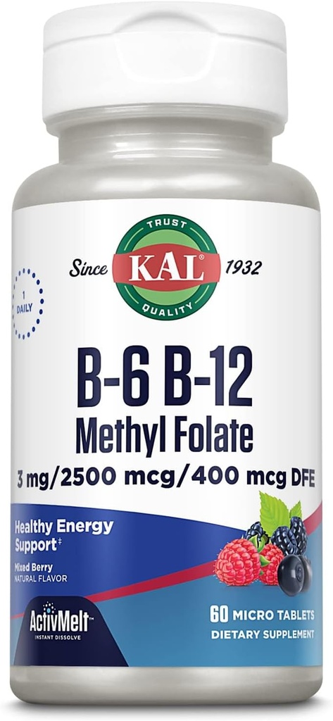 KAL Vitamin B-6 B-12 Methyl Folate ActivMelt, Vitamine B Supplement, Hartgezondheid, Energie en Rode Bloedcel Ondersteuning met Methyl B12 en DFE Foliumzuur, Natuurlijke Berry Smaak, 60 Servers, 60 Micro Tabs