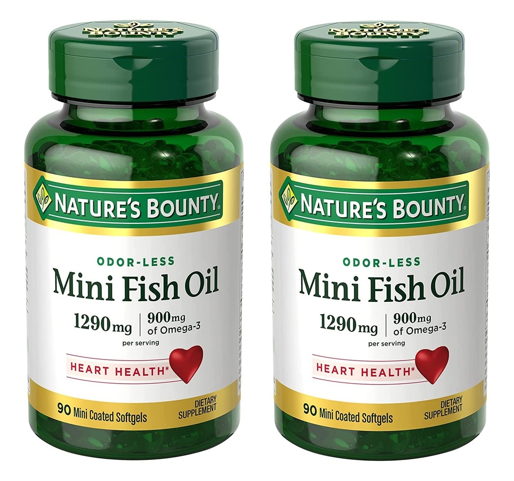 Nature's Bounty Mini Fish Oil Softgels 1290 mg, Omega-3, Supports Heart Health, Odor-Less, 90 Mini Coated Softgels - Pack of 2