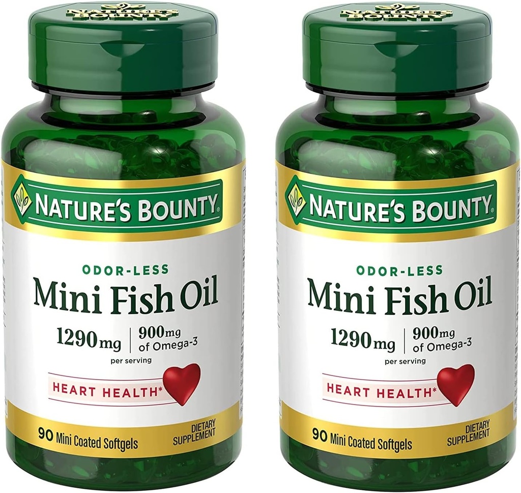 Nature's Bounty Mini Fish Softgels 1290 mg, Omega-3, hỗ trợ sức khỏe tim, Odor-Less, 90 Mini Coated Softgels - Bộ 2