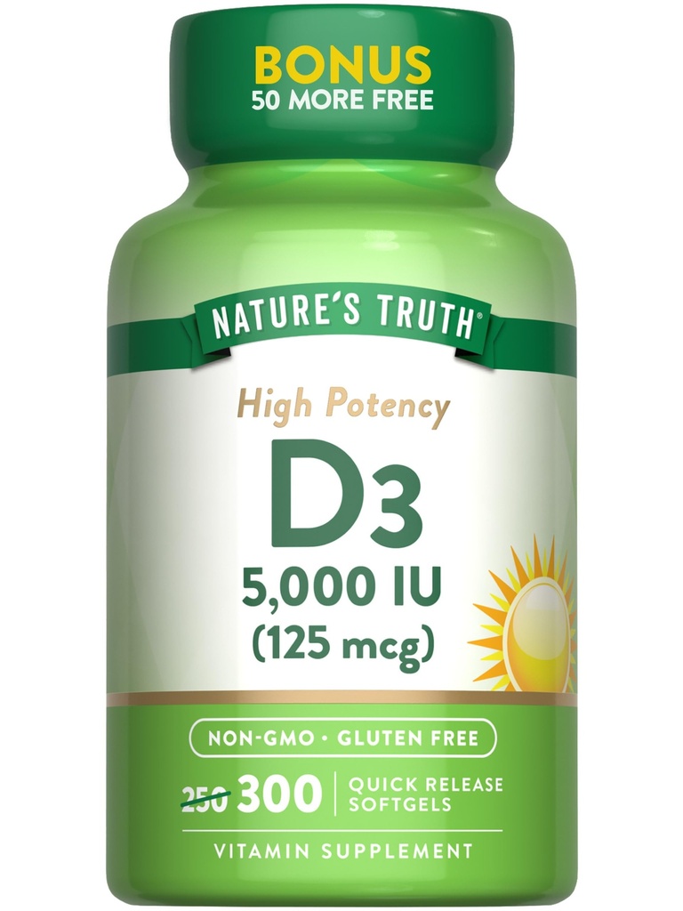 Nature's Truth Vitamin D3 5000 IU (125 mcg) | 300 Softgels | High Potency Vitamin D | Non-GMO and Gluten Free Supplement