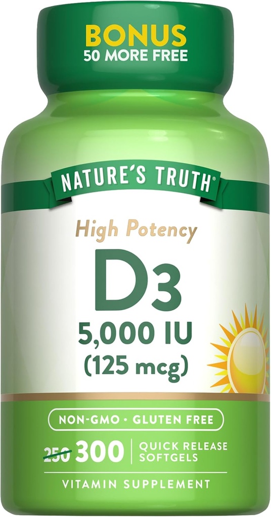 Naturens sannhet Vitamin D3 5000 IU (125mg) | 300 Softgels | Høy potens vitamin D | Ikke-GMO og Glutenfri Supplement
