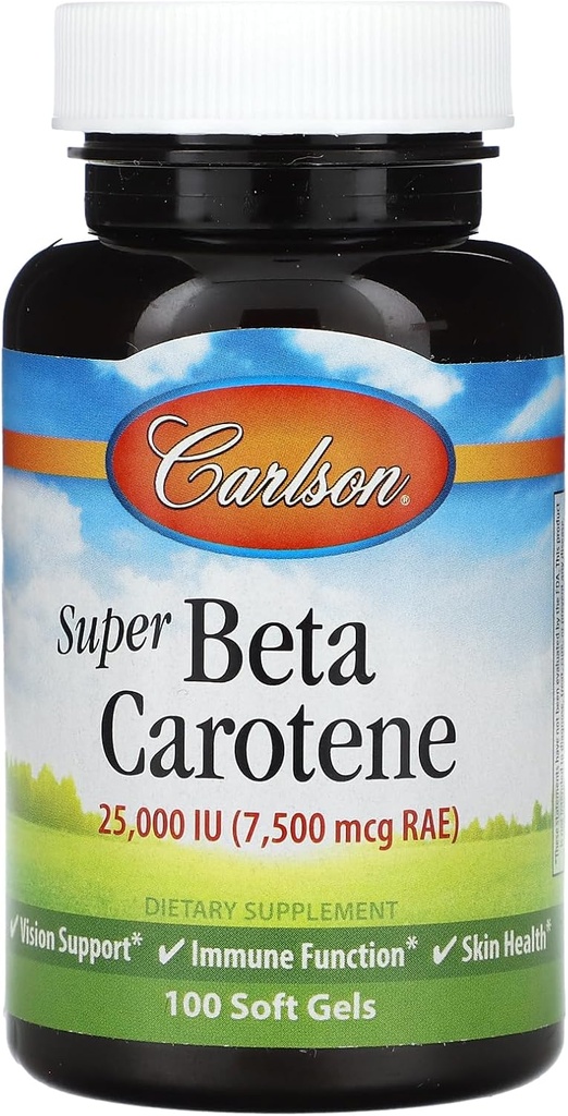 Carlson - Super Beta-karoteeni, 25000 IU (15 mg), A-vitamiini Beta-karoteeni, Bioactive Form, Vision Health, Terve iho, 100 Softgelia
