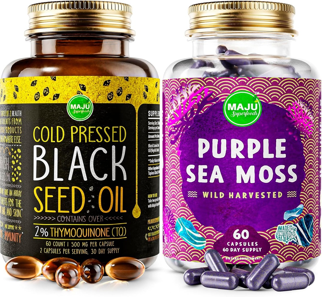 Maju Superfoods Musta siemenöljy kapselit ja purppuranmeren sammal kapselit Bundle