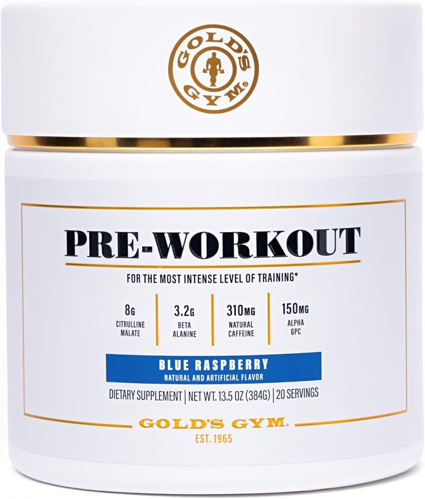 Gold 's Gym Nutrition Pre- Workout Powder 124; Soy- Free, Keto, Vegan Premium Flavor Pre- Workout with Natural koffein, L- Citrulline, Alpha GPC, Beta- Alanine, and Antioxidants, 20 Servings (Kék málna)
