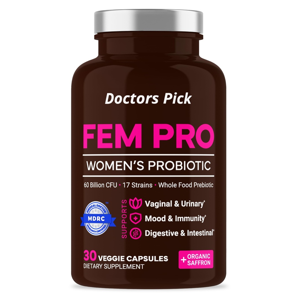 Fem Pro Probiotics for Women. 17 Clinically Effective Strains for Vaginal, Digestive & Immune Support, Urinary Tract Health, pH Balance and Mood. Organic Prebiotic, 30 Veggie Capsules