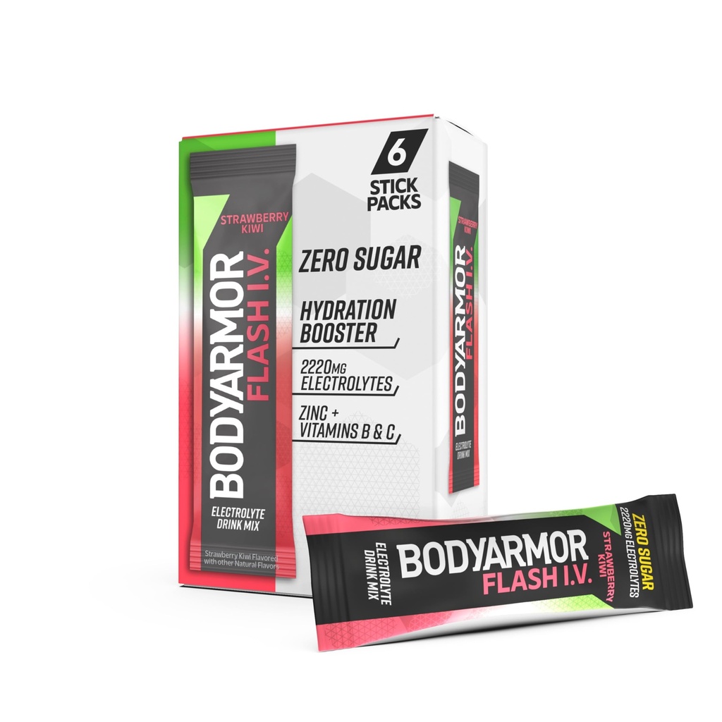 BODYARMOR Flash I.V. Electrolyte Packets, Strawberry Kiwi, Zero Sugar Drink Mix, Single Serve Packs, Coconut Water Powder, Hydration for Workout, Travel Essential, Just Add Sticks to Liquid (6 Count)