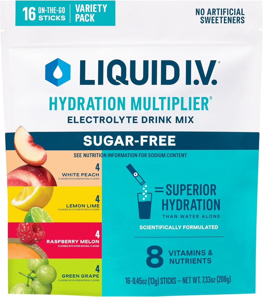 Liquid I.V.® Hydration Multiplier Sokeriton Variety Pack - Vadelmamelon, sitruunan limetti, valkoinen persikka, vihreä viinirypäle (Variety Pack)
