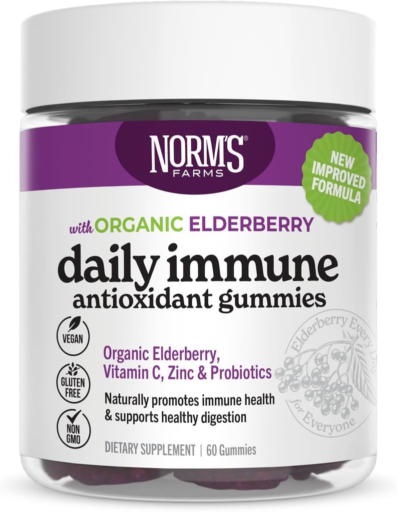 Norm's Farms Organic Elderberry Gummies - Apoio Imune diário para adultos e crianças com zinco, DE111 Probiótico, Vitamina C - Made in USA, 3rd Party Tested - Vegan, Gluten-Free, Kosher, Non-GMO, 60 Gummies
