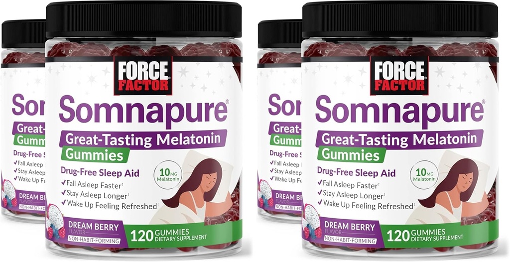 Factor de fuerza Somnapure Gummies with Melatonin, Drug-Free Sleep Support Supplement for Adults with Occasional Sleeplessness, Dream Berry Flavor, 120 Count (Pack of 4)
