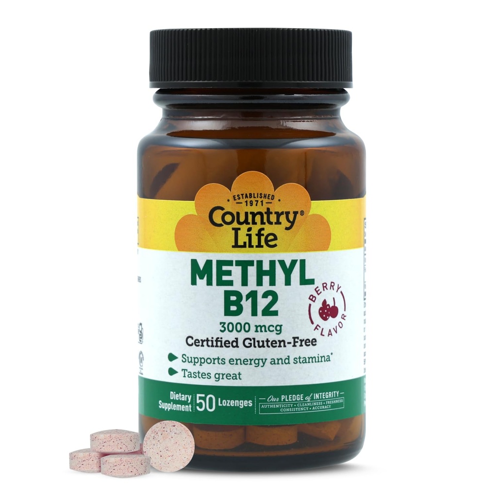 Country Life Methyl B-12 3000 mcg Lozenges, Vegan, Methylcobalamin for Energy and, Easily Absorbed, B12 Vitamin, Supports Energy Levels, Stamina & Metabolism, 50 Count
