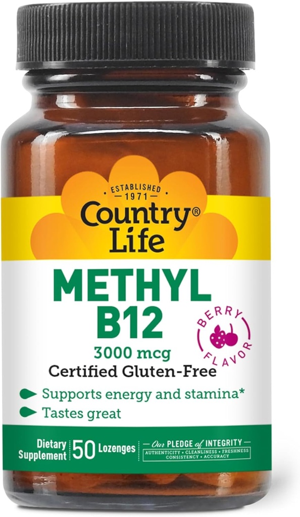 Country Life Metil B-12 3000 mcg Lozenges, Vegan, Enerji üçün Metilcobalamin və asanlıqla Absorbed, B12 Vitamin, Enerji Levelları, Stamina & Metabolism, 50 Count