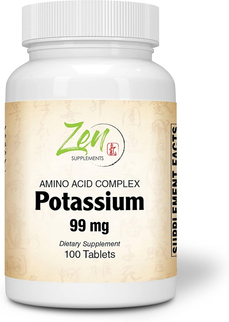 Zen Supplements - Potassium 99 mg (Amino Acid) 100-Tabs - Fluid & Electrolyte Balance Formula - Heart, Nerve & Muscle Function Support