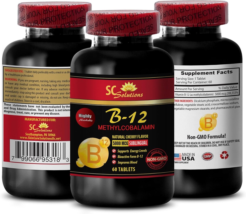 b12 with methylcobalamin - METHYLCOBALAMIN VITAMIN B-12 5000 - anti aging vitamins for women, energy supplements powder pill, energy vitamins for women over 50, endurance stamina - 1 Bottle 60 Tabs