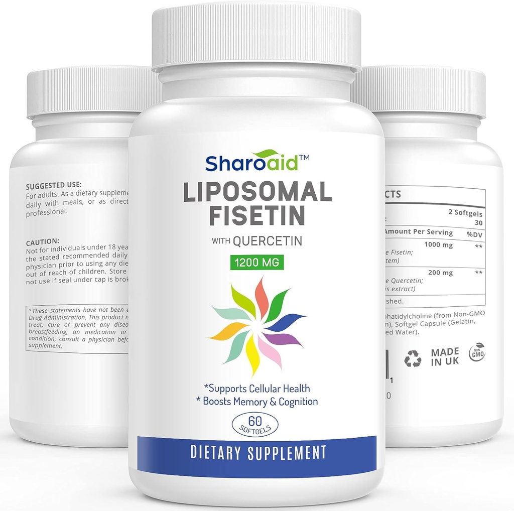 Liposomal Fisetin med Quercetin Kosttilskud 1200 mg per servering, Høj Absorption Polyphenoler Antioxidanter til kvinder, Mænd, Non- GMO, Gluten- fri, 1 flaske-60 Softgels