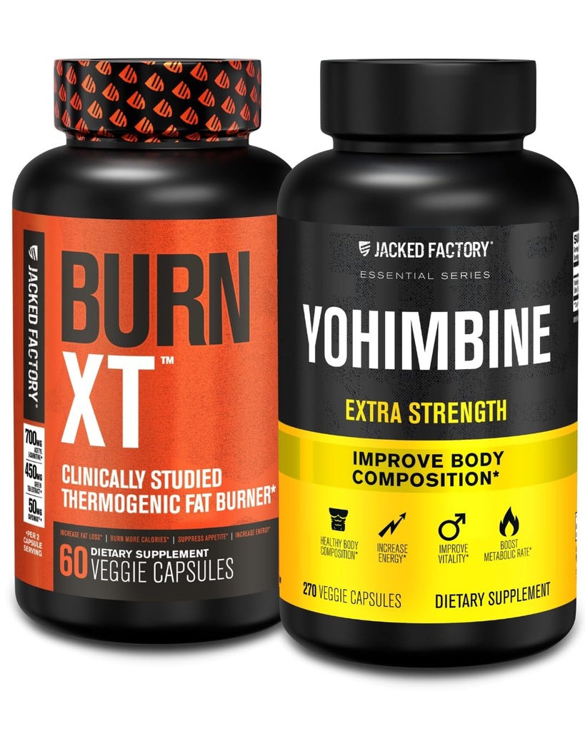 Jacked Factory Fat Burner with Yohimbine - Thermogenic Supplements for Men & Women - Burn-XT Thermogenic Fat Burner & Yohimbine Extra Strength Supplement 2.5mg, 270 Capsules