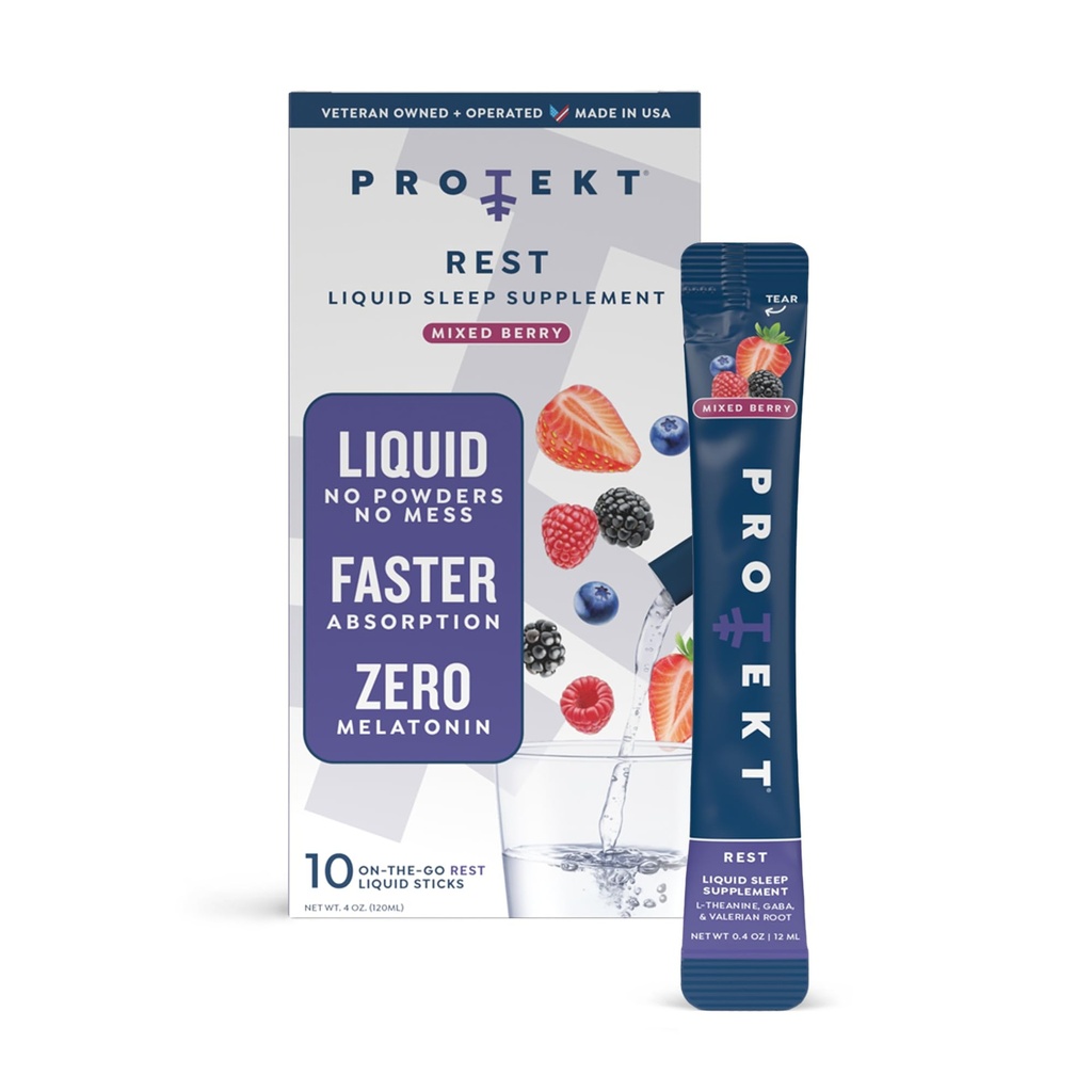 PROTEKT GABA L Theanine Supplement | Melatonin-Free Sleep Aid for Adults | Valerian Root for Night Support & Restful Sleep | GABA Calm Liquid Drink Mix for Adults | Mixed Berry, Pack of 10