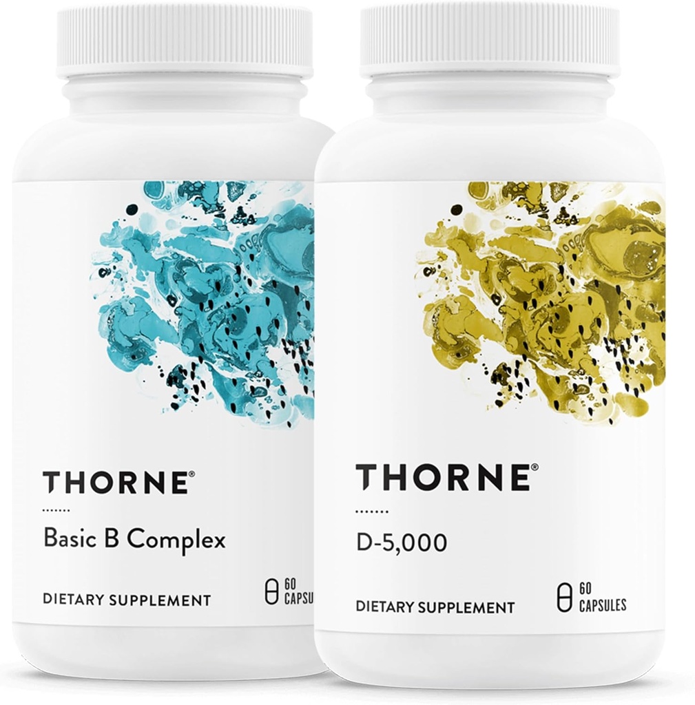 THORNE - Complexo B Basic (60 Cápsulas) & Vitamina D-5000 (60 Cápsulas) Bundle - Suporta Produção de Energia Celular, Saúde do Cérebro e Ossos Saudáveis - Glúten, Leite e Soja