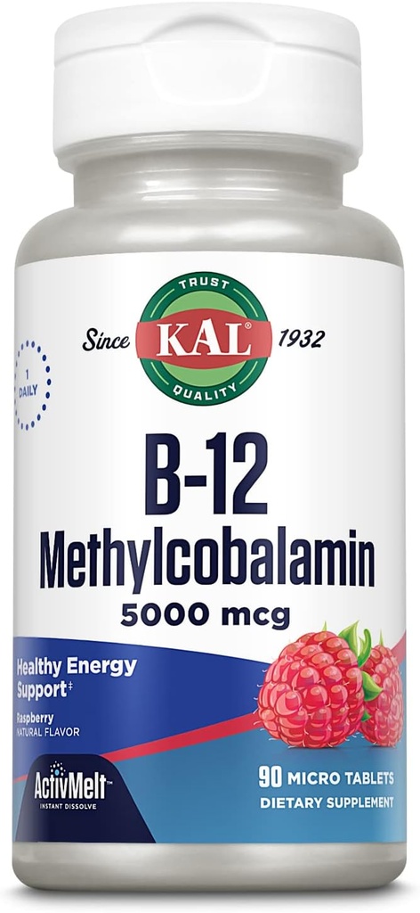 KAL vitamin B12 Methylcobalamin 5000mcg, Healthy Ecency, Metabolism, Nerve & Red proproponation,* Factive ActiveMelts, Optimal Absotion, Raspberry Flavor, 90 bộ dịch vụ, 90 chip vi mô