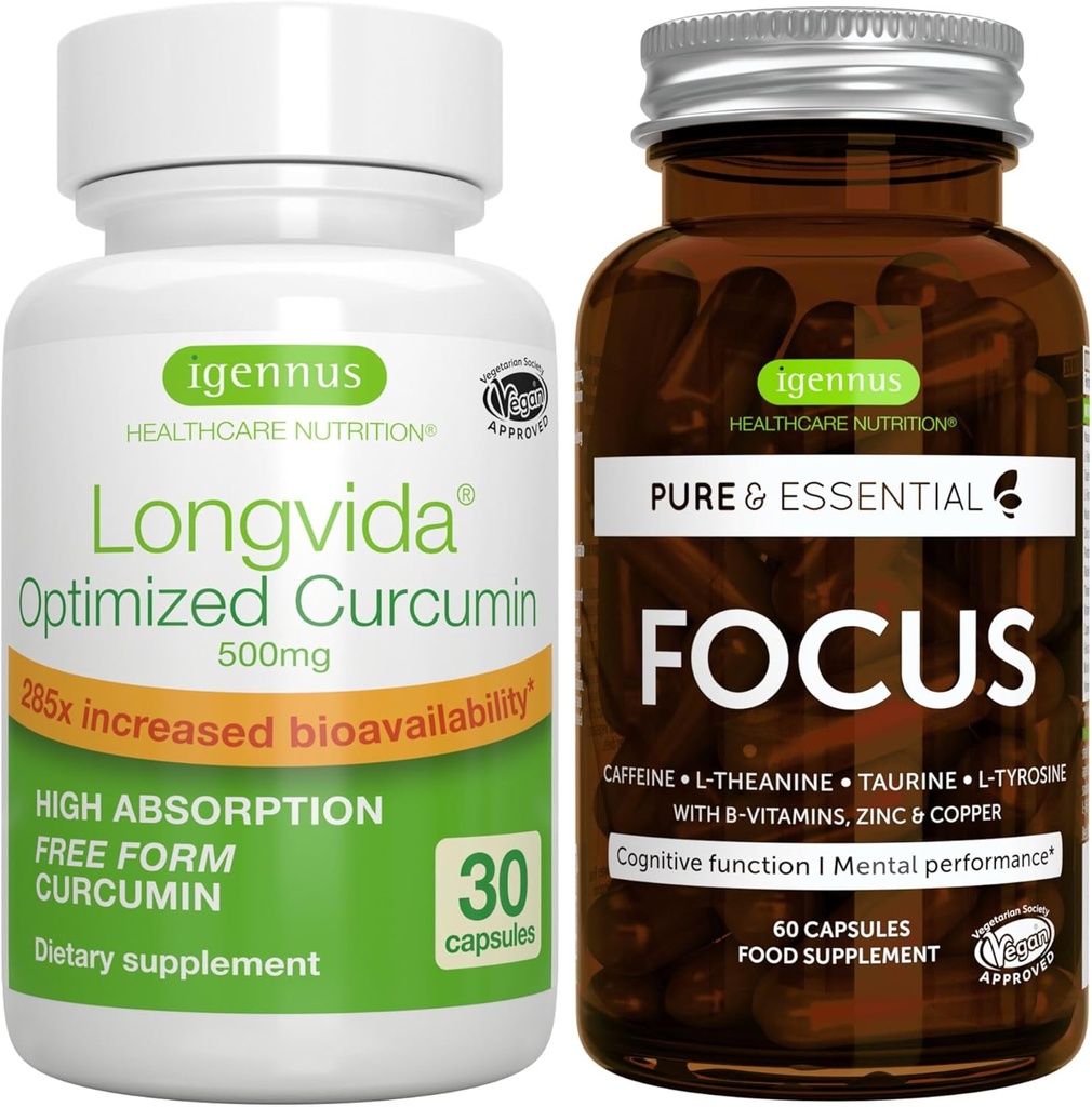 Longvidida Lipided Curcumin 500mg + Focus Braster Vegan, Ultra biofic Curcumin + Cafeine, L- Theanine, Taurine & L- Tauryrosine, B-Vitamins, Zinc i Coperure, per Igennu