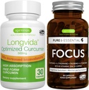 Longvida Lipid Curcumin 500mg + Focus Booster Vegan Bundle, super Bimavailin Curcumin + Caffeine, L-Theine, Taurine & L-Tyrosine, B-Vitamins, Zicn & Cun, Igennus