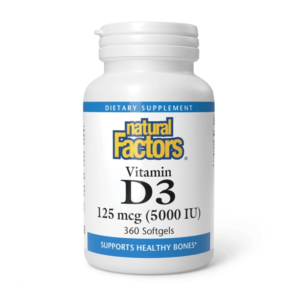 Natural Factors, Vitamin D3 5000 IU (125 mcg), Supports Strong Bones, Muscles and Immune Function, 360 Softgels